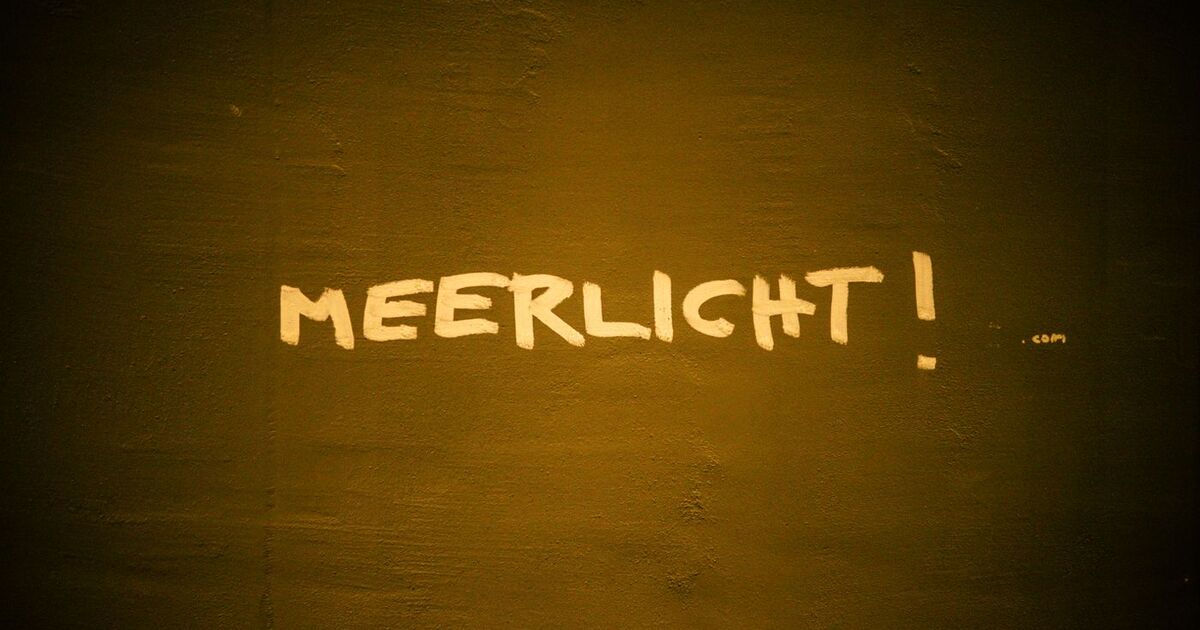 Graffiti reading 'Meerlicht' on a dark textured wall in warm lighting.