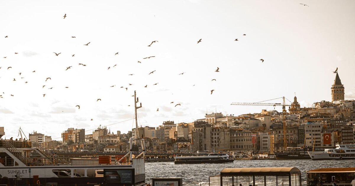 A vibrant Istanbul waterfront scene with Galata Tower and bustling city life.